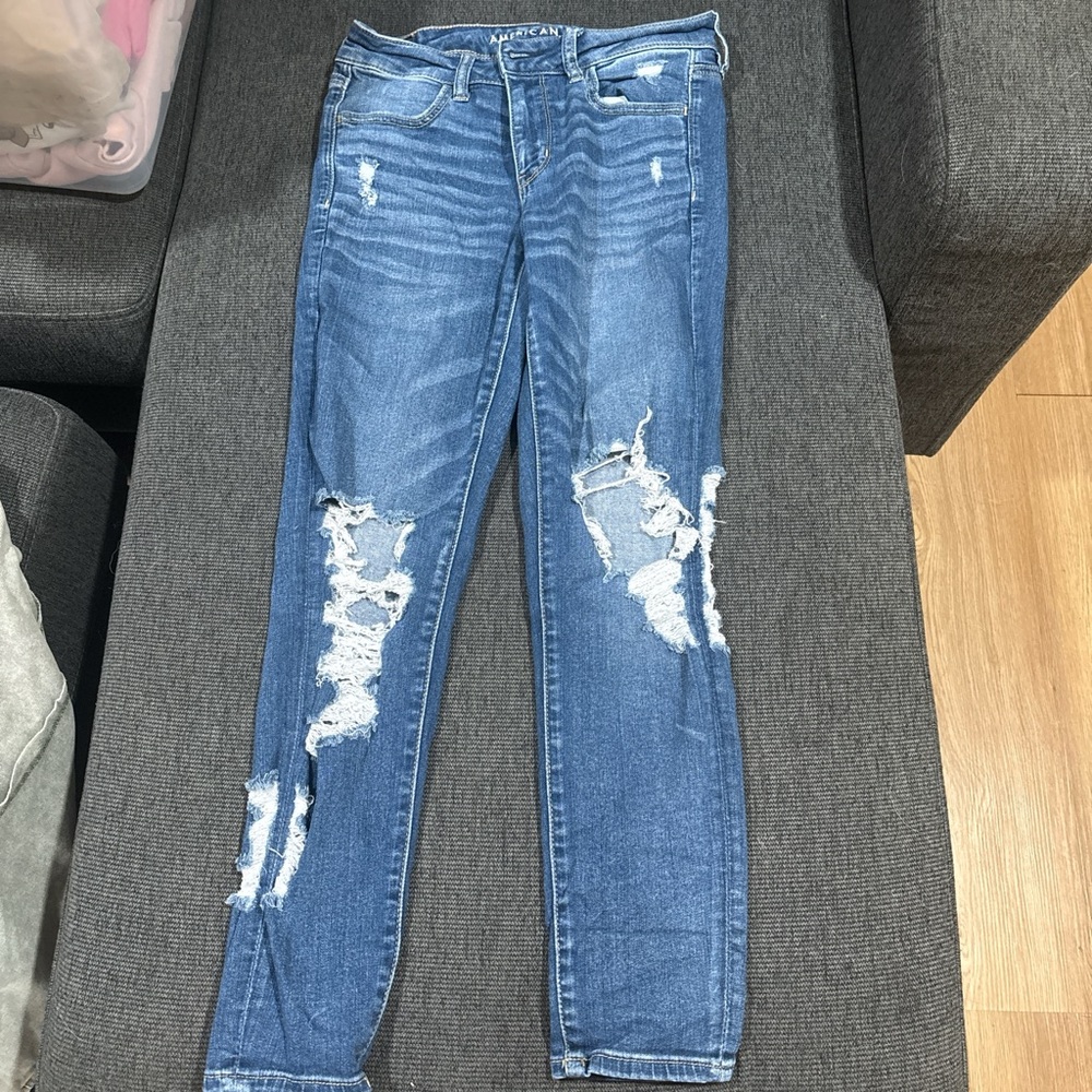 American Eagle Outfitters Blue Skinny Jeans with Distressed Details